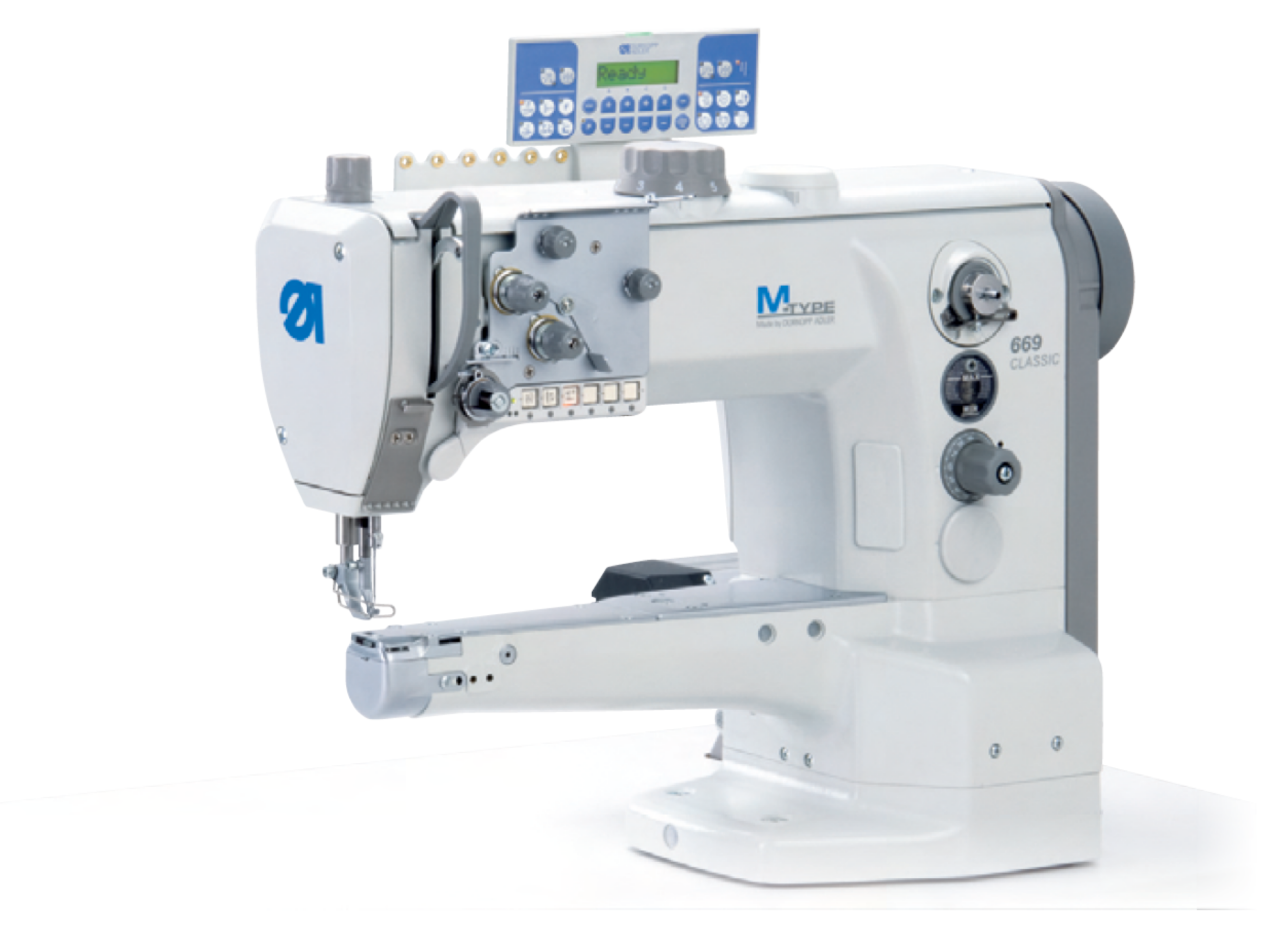 M-TYPE 669 CLASSIC Silverline – cylinder arm machine with horizontal hook for optimum handling of small leather goods