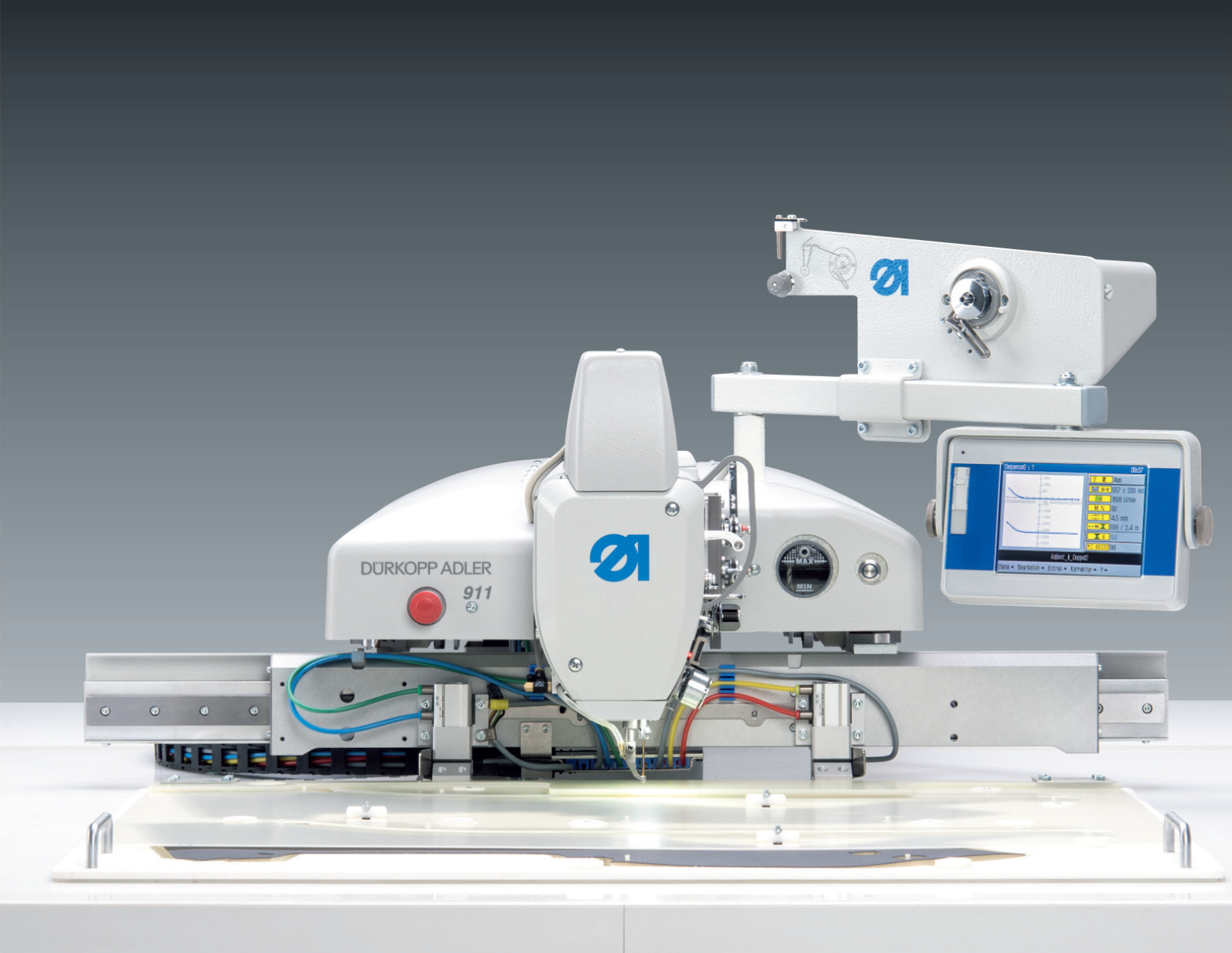 CNC-controlled sewing unit with alternating clamp – sewing field size of max. 600 x 200 mm