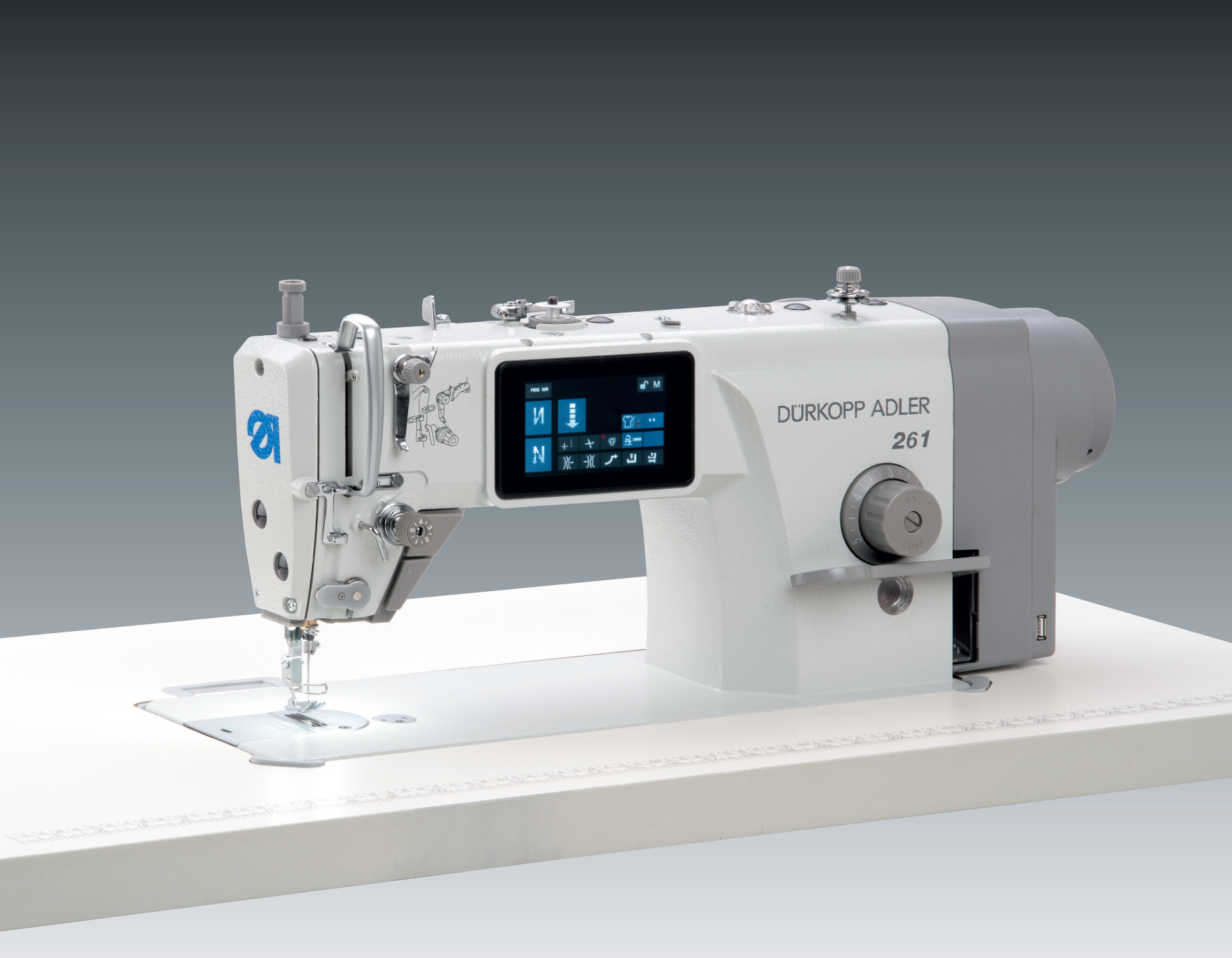 Single needle lockstitch machine with bottom feed for universal use in medium to heavy weight material